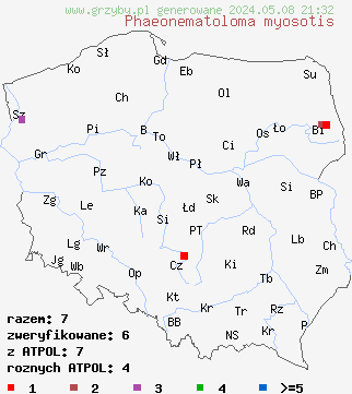 znaleziska Phaeonematoloma myosotis (łuskwiak oliwkowy) na terenie Polski