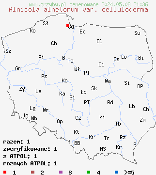 znaleziska Alnicola alnetorum var. celluloderma (olszóweczka czerwonobrązowa) na terenie Polski