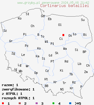 znaleziska Cortinarius bataillei (zasłonak brązowooliwkowy) na terenie Polski