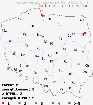 znaleziska Cortinarius saturninus (zasłonak niebieskomiąższowy) na terenie Polski