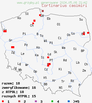znaleziska Cortinarius casimiri (zasłonak szarofioletowawy) na terenie Polski