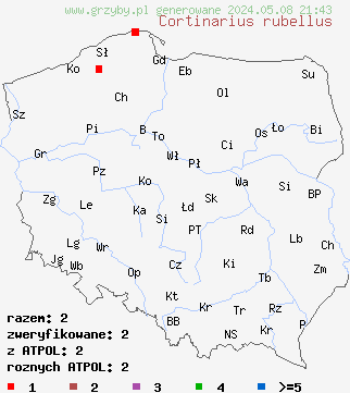 znaleziska Cortinarius rubellus (zasłonak rudawy) na terenie Polski