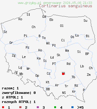 znaleziska Cortinarius sanguineus (zasłonak krwisty) na terenie Polski