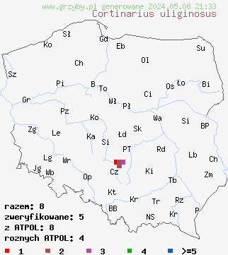 znaleziska Cortinarius uliginosus (zasłonak bagienny) na terenie Polski