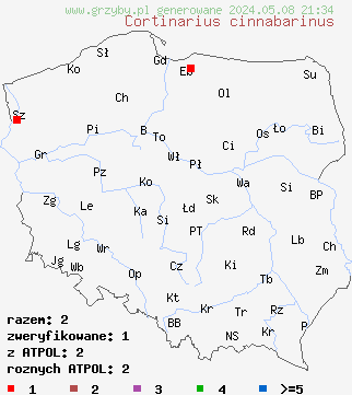 znaleziska Cortinarius cinnabarinus (zasłonak cynobrowy) na terenie Polski