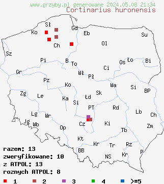 znaleziska Cortinarius huronensis (zasłonak trzęsawiskowy) na terenie Polski