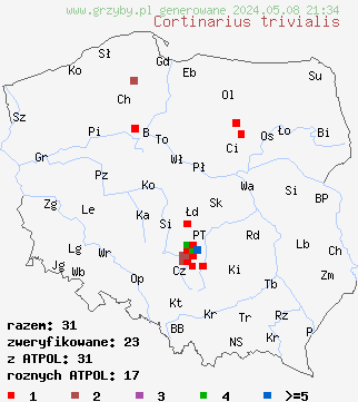 znaleziska Cortinarius trivialis (zasłonak pospolity) na terenie Polski