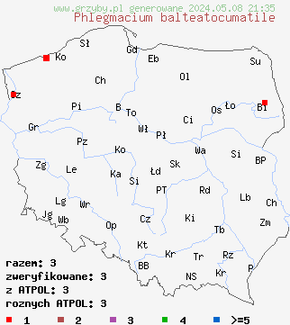 znaleziska Phlegmacium balteatocumatile (zasłonak modrordzawy) na terenie Polski