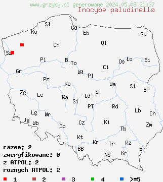znaleziska Inocybe paludinella (strzępiak bagienny) na terenie Polski