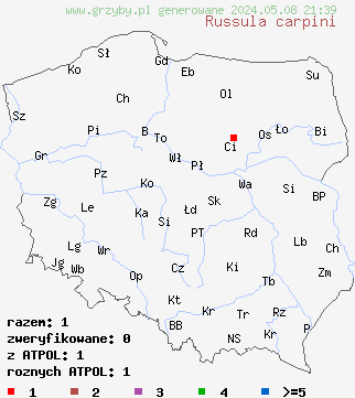 znaleziska Russula carpini (gołąbek grabowy) na terenie Polski