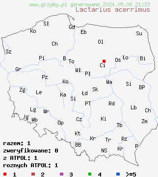 znaleziska Lactarius acerrimus (mleczaj najostrzejszy) na terenie Polski