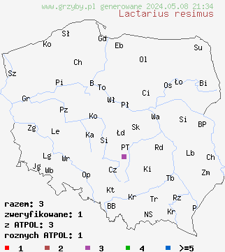 znaleziska Lactarius resimus (mleczaj okazały) na terenie Polski