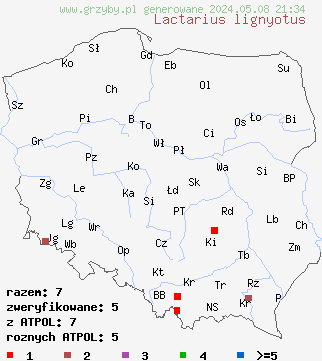 znaleziska Lactarius lignyotus (mleczaj przydymiony) na terenie Polski