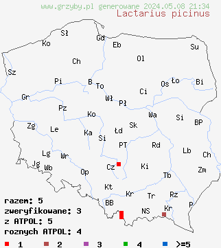 znaleziska Lactarius picinus (mleczaj ciemny) na terenie Polski