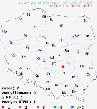 znaleziska Lactarius porninsis (mleczaj modrzewiowy) na terenie Polski