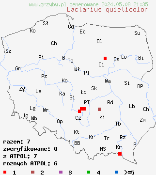 znaleziska Lactarius quieticolor (mleczaj niebieszczejący) na terenie Polski