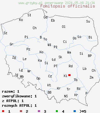 znaleziska Fomitopsis officinalis (pniarek lekarski) na terenie Polski