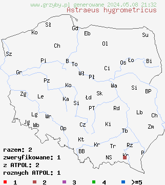 znaleziska Astraeus hygrometricus (promieniak wilgociomierz) na terenie Polski