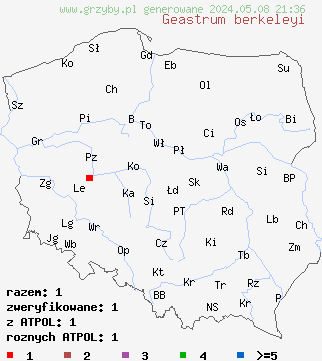 znaleziska Geastrum berkeleyi (gwiazdosz angielski) na terenie Polski