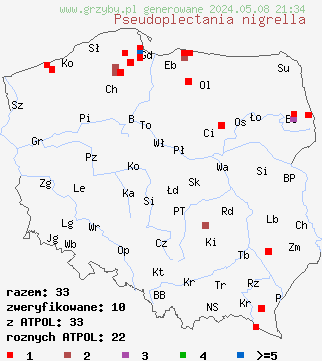 znaleziska Pseudoplectania nigrella (czareczka czarniutka) na terenie Polski