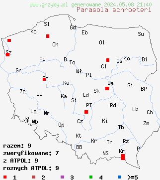 znaleziska Parasola schroeteri (czernidłak bruzdkowany) na terenie Polski