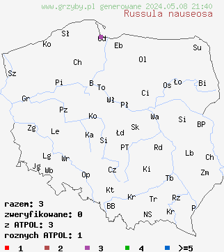 znaleziska Russula nauseosa (gołąbek prążkowany) na terenie Polski