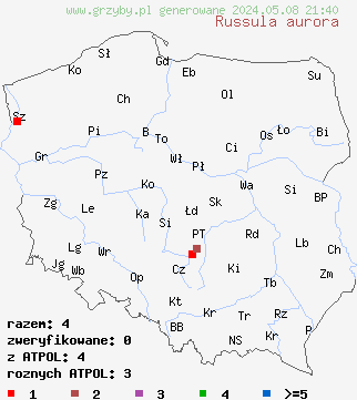 znaleziska Russula aurora (gołąbek różowy) na terenie Polski
