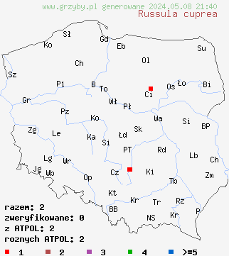 znaleziska Russula cuprea (gołąbek miedziany) na terenie Polski
