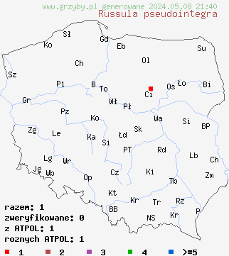 znaleziska Russula pseudointegra (gołąbek rumiany) na terenie Polski