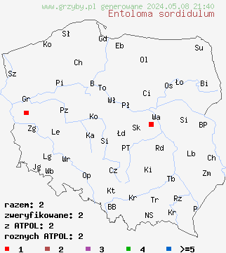 znaleziska Entoloma sordidulum (dzwonkówka brudnawa) na terenie Polski