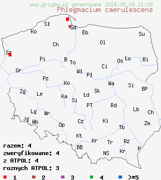 znaleziska Phlegmacium caerulescens (zasłonak niebieski) na terenie Polski