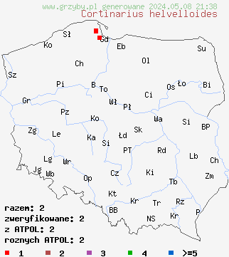 znaleziska Cortinarius helvelloides (zasłonak olszowy) na terenie Polski