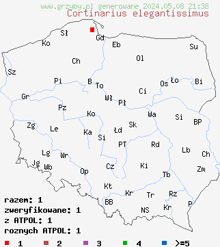 znaleziska Cortinarius elegantissimus (zasłonak złoty) na terenie Polski