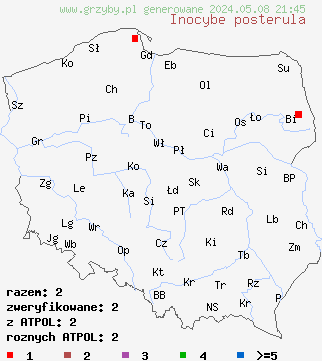 znaleziska Inocybe posterula (strzępiak pofałdowany) na terenie Polski