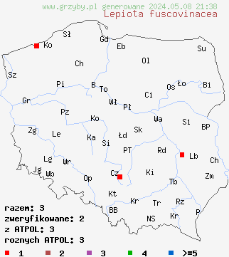 znaleziska Lepiota fuscovinacea (czubajeczka winna) na terenie Polski