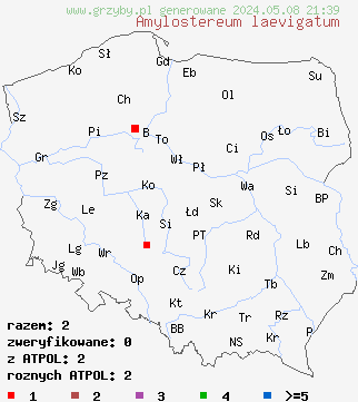 znaleziska Amylostereum laevigatum (skórniczek jałowcowaty) na terenie Polski