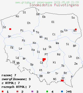 znaleziska Ionomidotis fulvotingens (korzak czarniawy) na terenie Polski