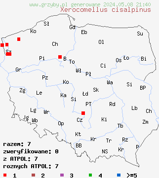 znaleziska Xerocomellus cisalpinus (suchogrzybek zmienny) na terenie Polski