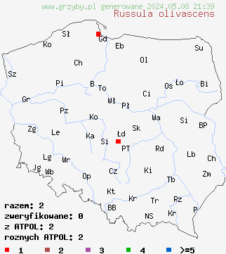 znaleziska Russula olivascens (gołąbek oliwkowiejący) na terenie Polski