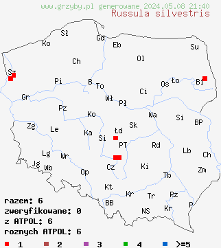 znaleziska Russula silvestris (gołąbek wiśniowoczerwony) na terenie Polski