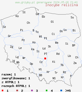znaleziska Inocybe relicina (strzępiak żółtoblaszkowy) na terenie Polski
