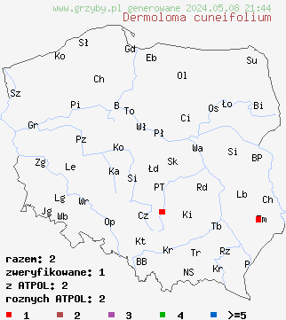 znaleziska Dermoloma cuneifolium (gęsianka różowobrązowa) na terenie Polski