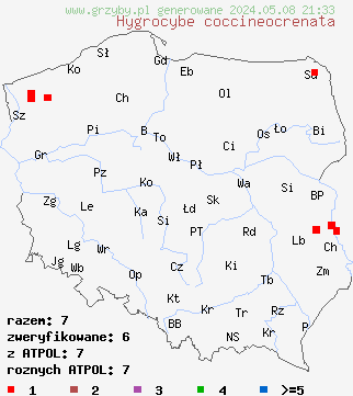znaleziska Hygrocybe coccineocrenata (wilgotnica czerwona) na terenie Polski