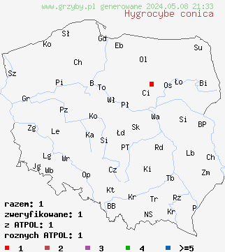 znaleziska Hygrocybe conica (wilgotnica czerniejąca) na terenie Polski