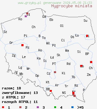 znaleziska Hygrocybe miniata (wilgotnica purpurowa) na terenie Polski