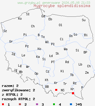 znaleziska Hygrocybe splendidissima (wilgotnica okazała) na terenie Polski