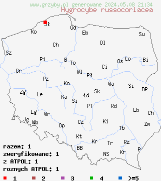 znaleziska Hygrocybe russocoriacea (kopułek juchtowaty) na terenie Polski