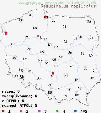 znaleziska Resupinatus applicatus (odgiętka pofałdowana) na terenie Polski