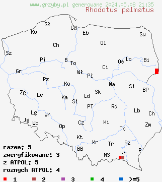 znaleziska Rhodotus palmatus (żyłkowiec różowawy) na terenie Polski