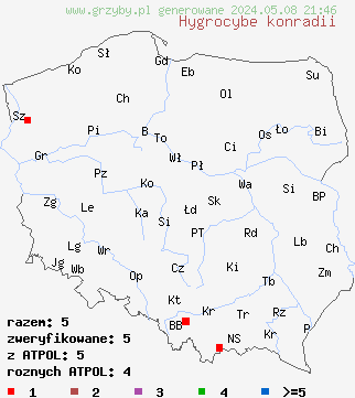 znaleziska Hygrocybe konradii (wilgotnica pomarańczowożółta) na terenie Polski